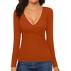 image:imageMANGOPOP Womens Cross Wrap Ruched Plunge Sexy Deep V Neck Slim Fit Long Sleeve Fleece Lined T Shirt Tunic Tops TeeBurnt Orange