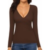 image:imageMANGOPOP Womens Cross Wrap Ruched Plunge Sexy Deep V Neck Slim Fit Long Sleeve Fleece Lined T Shirt Tunic Tops TeeCoffee