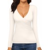 image:imageMANGOPOP Womens Cross Wrap Ruched Plunge Sexy Deep V Neck Slim Fit Long Sleeve Fleece Lined T Shirt Tunic Tops TeeCreamy White