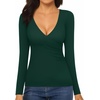 image:imageMANGOPOP Womens Cross Wrap Ruched Plunge Sexy Deep V Neck Slim Fit Long Sleeve Fleece Lined T Shirt Tunic Tops TeeDeep Green