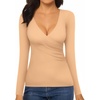 image:imageMANGOPOP Womens Cross Wrap Ruched Plunge Sexy Deep V Neck Slim Fit Long Sleeve Fleece Lined T Shirt Tunic Tops TeeNude