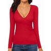 image:imageMANGOPOP Womens Cross Wrap Ruched Plunge Sexy Deep V Neck Slim Fit Long Sleeve Fleece Lined T Shirt Tunic Tops TeeRed