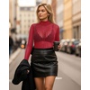image:imageMANGOPOP Womens Mesh Tops Long Sleeve Sheer Top Sexy Stretchy See Through Striped Shirts Going Out Basic Tee BlouseWine Red Striped