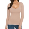 image:imageMANGOPOP Womens Scoop Neck Short Sleeve Long Sleeve Slim Fit T Shirt Tunic Tops TeeLong Sleeve Light Camel