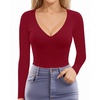 image:imageMANGOPOP Womens V Neck Long Sleeve Fitted TShirtB02 Long Sleeve Burgundy