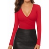 image:imageMANGOPOP Womens Cross Wrap Ruched Plunge Sexy Deep V Neck Slim Fit Long Sleeve Fleece Lined T Shirt Tunic Tops TeeRed