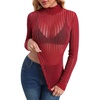 image:imageMANGOPOP Womens Mesh Tops Long Sleeve Sheer Top Sexy Stretchy See Through Striped Shirts Going Out Basic Tee BlouseWine Red Striped