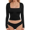 image:imageMANGOPOP Womens Square Neck Top Double Lined Short Sleeve Long Sleeve T Shirt Fitted Seamless TeeA1 Long Sleeve Black
