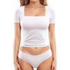image:imageMANGOPOP Womens Square Neck Top Double Lined Short Sleeve Long Sleeve T Shirt Fitted Seamless TeeB1 Short Sleeve White