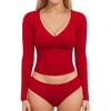 image:imageMANGOPOP Womens V Neck Long Sleeve Fitted TShirtB01 Long Sleeve Red