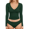 image:imageMANGOPOP Womens V Neck Long Sleeve Fitted TShirtB03 Long Sleeve Deep Green