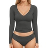image:imageMANGOPOP Womens V Neck Long Sleeve Fitted TShirtB07 Long Sleeve Deep Grey