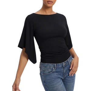image:imageMANGOPOP Boat Neck Tops for Women 34 Sleeve Bell Sleeve Fitted Ruched Shirts Summer Y2k Trendy Going Out Tops 2026Black