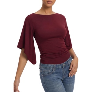 image:imageMANGOPOP Boat Neck Tops for Women 34 Sleeve Bell Sleeve Fitted Ruched Shirts Summer Y2k Trendy Going Out Tops 2026Burgundy