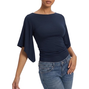 image:imageMANGOPOP Boat Neck Tops for Women 34 Sleeve Bell Sleeve Fitted Ruched Shirts Summer Y2k Trendy Going Out Tops 2026Deep Blue