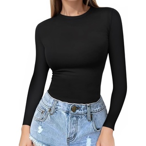 image:imageMANGOPOP Crew Neck Long Sleeve T Shirts for Women Fitted Shirts Tight Neck T Shirts Basic Tee TopsA01black
