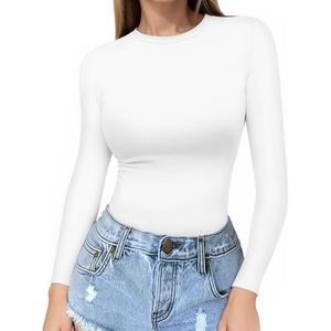 image:imageMANGOPOP Crew Neck Long Sleeve T Shirts for Women Fitted Shirts Tight Neck T Shirts Basic Tee TopsA02white