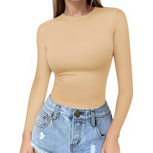 image:imageMANGOPOP Crew Neck Long Sleeve T Shirts for Women Fitted Shirts Tight Neck T Shirts Basic Tee TopsA03 Nude