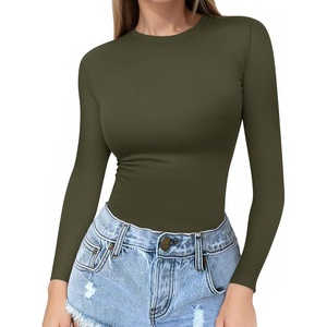 image:imageMANGOPOP Crew Neck Long Sleeve T Shirts for Women Fitted Shirts Tight Neck T Shirts Basic Tee TopsArmy Green