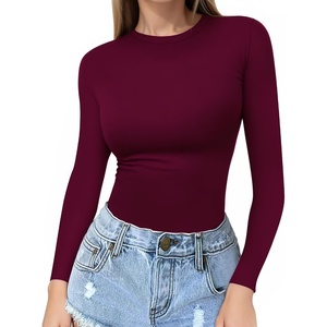 image:imageMANGOPOP Crew Neck Long Sleeve T Shirts for Women Fitted Shirts Tight Neck T Shirts Basic Tee TopsBurgundy