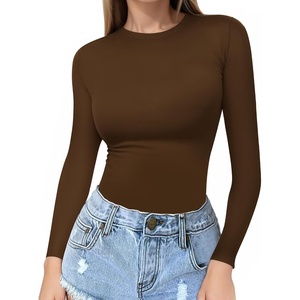 image:imageMANGOPOP Crew Neck Long Sleeve T Shirts for Women Fitted Shirts Tight Neck T Shirts Basic Tee TopsCoffee
