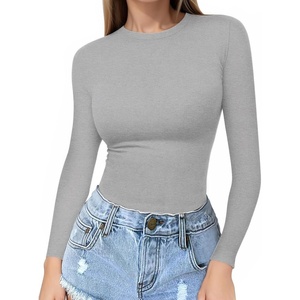 image:imageMANGOPOP Crew Neck Long Sleeve T Shirts for Women Fitted Shirts Tight Neck T Shirts Basic Tee TopsDark Heather Grey