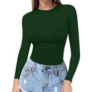 image:imageMANGOPOP Crew Neck Long Sleeve T Shirts for Women Fitted Shirts Tight Neck T Shirts Basic Tee TopsDeep Green