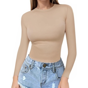 image:imageMANGOPOP Crew Neck Long Sleeve T Shirts for Women Fitted Shirts Tight Neck T Shirts Basic Tee TopsLight Camel