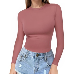 image:imageMANGOPOP Crew Neck Long Sleeve T Shirts for Women Fitted Shirts Tight Neck T Shirts Basic Tee TopsMarsala
