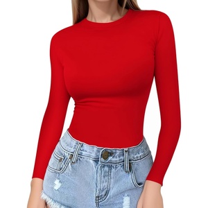 image:imageMANGOPOP Crew Neck Long Sleeve T Shirts for Women Fitted Shirts Tight Neck T Shirts Basic Tee TopsRed