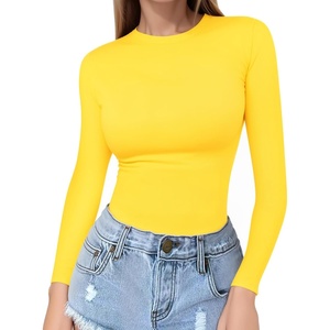 image:imageMANGOPOP Crew Neck Long Sleeve T Shirts for Women Fitted Shirts Tight Neck T Shirts Basic Tee TopsYellow