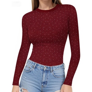 image:imageMANGOPOP Crew Neck Long Sleeve T Shirts for Women Fitted Shirts Tight Neck T Shirts Basic Tee TopsZ1wine Red