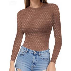 image:imageMANGOPOP Crew Neck Long Sleeve T Shirts for Women Fitted Shirts Tight Neck T Shirts Basic Tee TopsZ2coffee