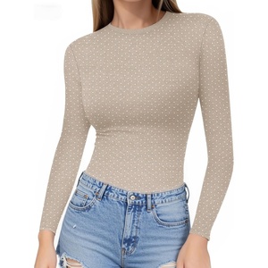 image:imageMANGOPOP Crew Neck Long Sleeve T Shirts for Women Fitted Shirts Tight Neck T Shirts Basic Tee TopsZ2grey