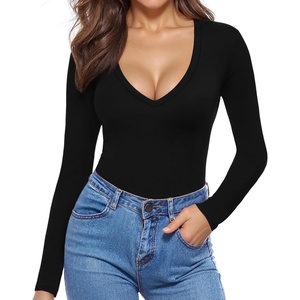 image:imageMANGOPOP Deep V Neck Long Sleeve Shirts for Women Sexy Slim Fitted T Shirt TopsA1long Sleeve Black