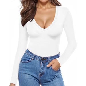 image:imageMANGOPOP Deep V Neck Long Sleeve Shirts for Women Sexy Slim Fitted T Shirt TopsA1long Sleeve White
