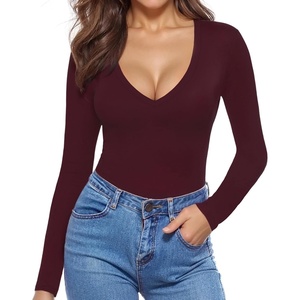 image:imageMANGOPOP Deep V Neck Long Sleeve Shirts for Women Sexy Slim Fitted T Shirt TopsBlong Sleeve Burgundy