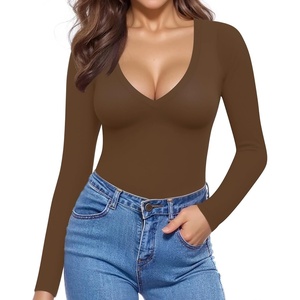 image:imageMANGOPOP Deep V Neck Long Sleeve Shirts for Women Sexy Slim Fitted T Shirt TopsBlong Sleeve Coffee