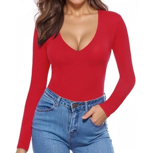 image:imageMANGOPOP Deep V Neck Long Sleeve Shirts for Women Sexy Slim Fitted T Shirt TopsBlong Sleeve Red
