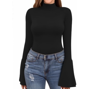 image:imageMANGOPOP Long Sleeve Mock Neck Shirts for Women Bell Sleeve Turtle Neck Tops Basic Going Out Tee BlouseA01 Black