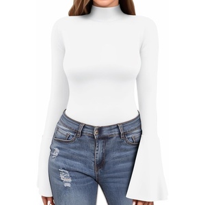 image:imageMANGOPOP Long Sleeve Mock Neck Shirts for Women Bell Sleeve Turtle Neck Tops Basic Going Out Tee BlouseA01 White
