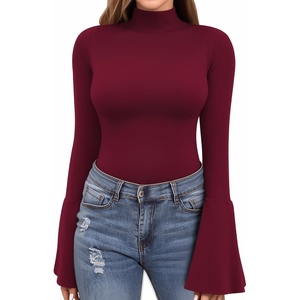 image:imageMANGOPOP Long Sleeve Mock Neck Shirts for Women Bell Sleeve Turtle Neck Tops Basic Going Out Tee BlouseBurgundy