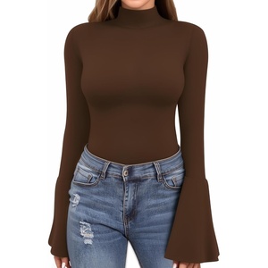 image:imageMANGOPOP Long Sleeve Mock Neck Shirts for Women Bell Sleeve Turtle Neck Tops Basic Going Out Tee BlouseCoffee