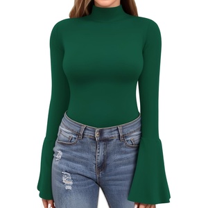 image:imageMANGOPOP Long Sleeve Mock Neck Shirts for Women Bell Sleeve Turtle Neck Tops Basic Going Out Tee BlouseDeep Green