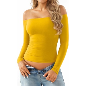image:imageMANGOPOP Off The Shoulder Tops for Women Sexy Long Sleeve T Shirt Slim Fitted Tee Casual Blouse Going Out TopsB12long Sleeve Yellow