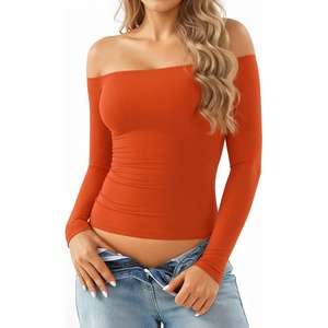 image:imageMANGOPOP Off The Shoulder Tops for Women Sexy Long Sleeve T Shirt Slim Fitted Tee Casual Blouse Going Out TopsB13long Sleeve Orange