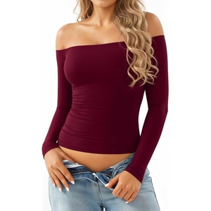 image:imageMANGOPOP Off The Shoulder Tops for Women Sexy Long Sleeve T Shirt Slim Fitted Tee Casual Blouse Going Out TopsB1long Sleeve Burgundy