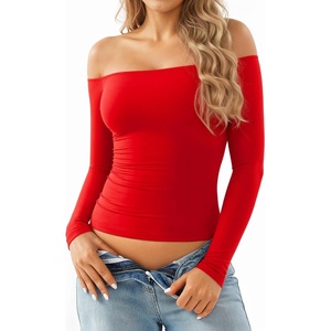 image:imageMANGOPOP Off The Shoulder Tops for Women Sexy Long Sleeve T Shirt Slim Fitted Tee Casual Blouse Going Out TopsB2long Sleeve Red