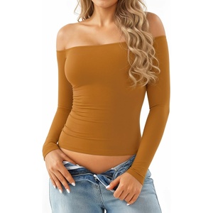 image:imageMANGOPOP Off The Shoulder Tops for Women Sexy Long Sleeve T Shirt Slim Fitted Tee Casual Blouse Going Out TopsB8long Sleeve Camel