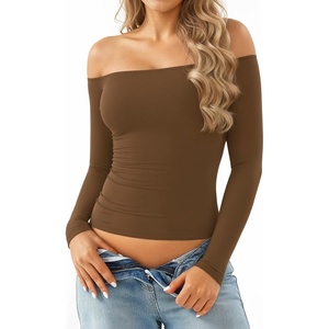 image:imageMANGOPOP Off The Shoulder Tops for Women Sexy Long Sleeve T Shirt Slim Fitted Tee Casual Blouse Going Out TopsD01 Tan
